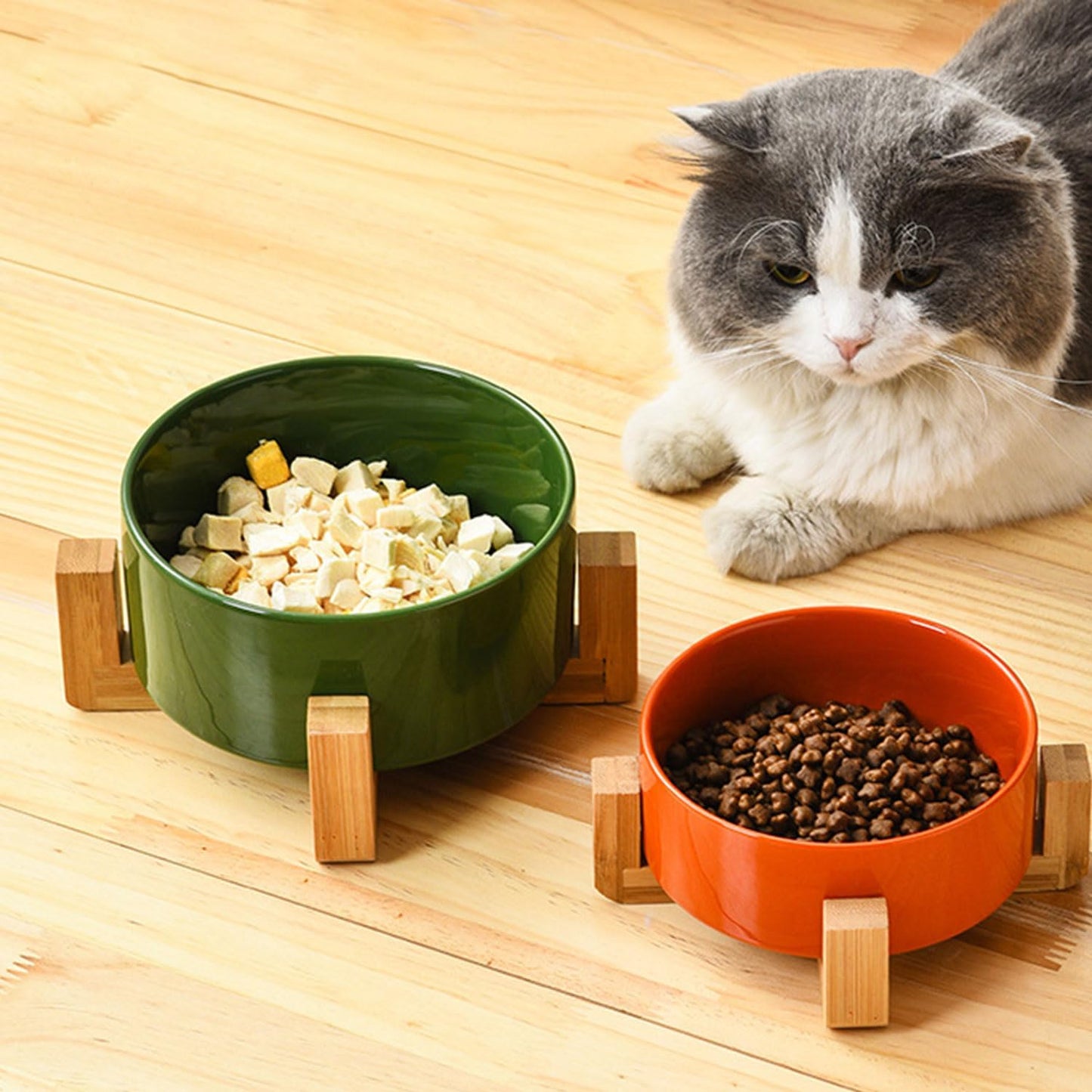 Petygooing Dog Bowls,Ceramic Cat Dog Bowl Set with Wood Stand for Food and Water,Non-Slip Cute Modern Pet Dish for Cats Small Size Dogs Puppy (13.5OZ/5.1 in) Rust Red