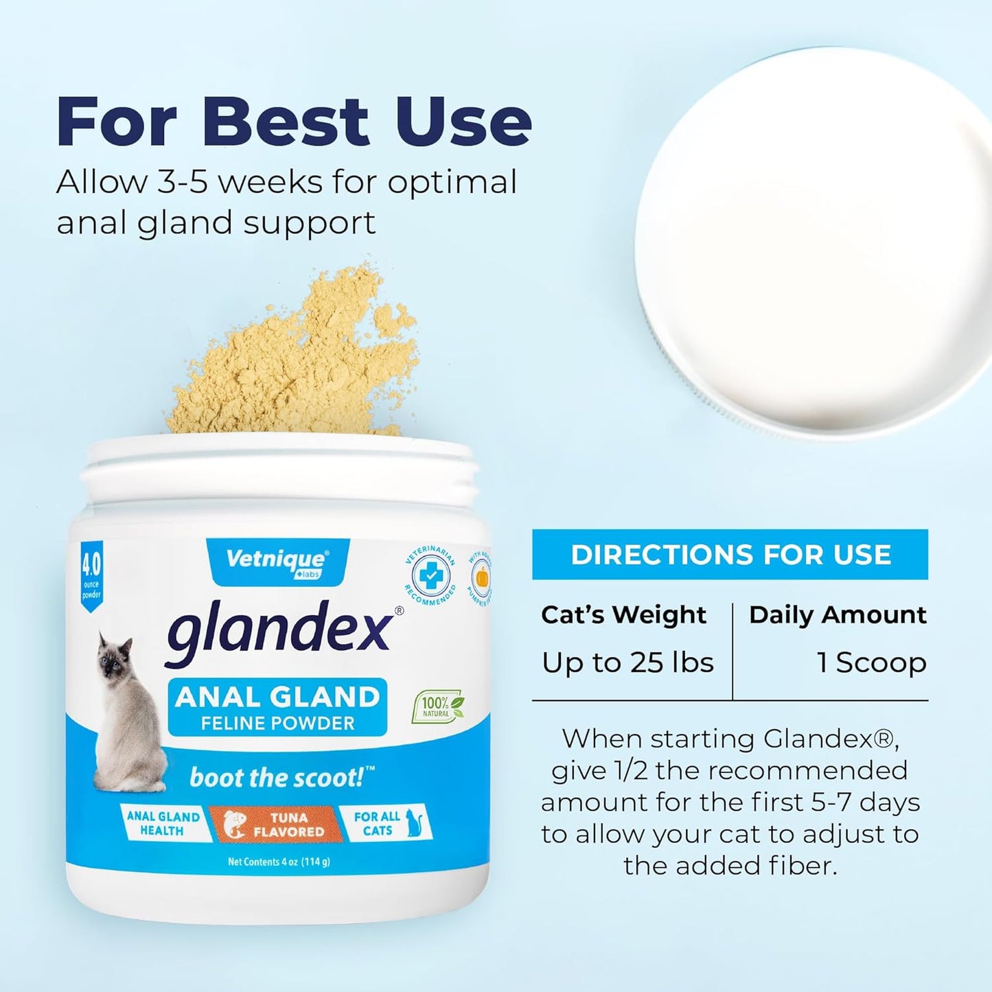 Vetnique Glandex Feline Anal Gland or Daily Probiotic Fiber Supplement Powder for Cats with Digestive Enzyme, Probiotics and Pumpkin, Vet Recommended for Healthy Bowels (4oz, Anal Gland Powder - Tuna)
