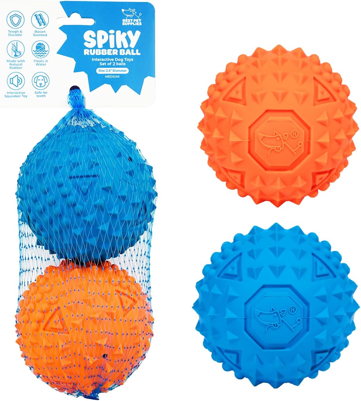 Best Pet Supplies Interactive Squeaky Dog Chew Toy, Ideal Dog Toys for Chewers, Small, Medium & Large Dogs, and Fetch Lovers - Spiky Ball (Blue, Orange), Medium 2.5"