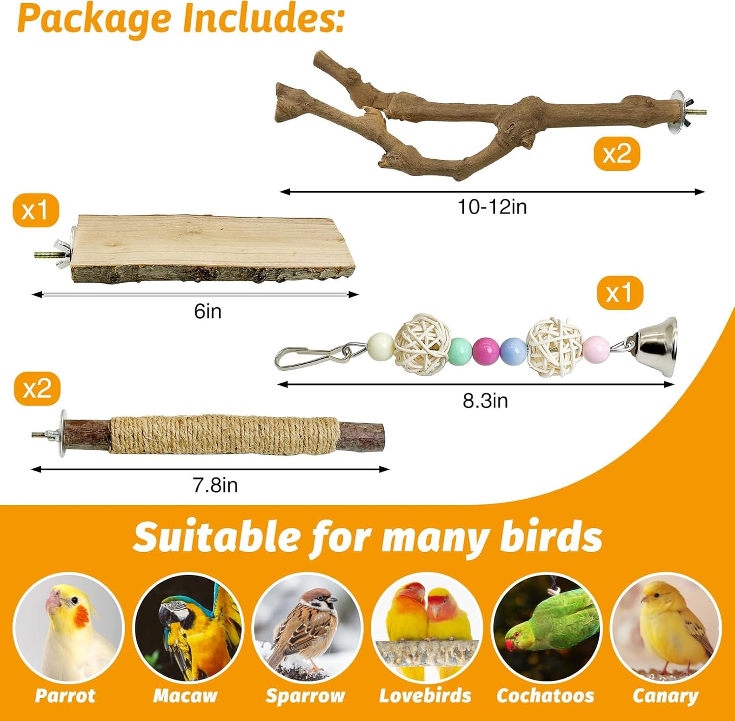 kathson 5pcs Natural Parrot Perch for Cage Wooden Bird Perches Grape Bird Stick Parakeet Climbing Standing Branches Toy Chewable Cage Accessories for Small Budgies Cockatiels Lovebirds
