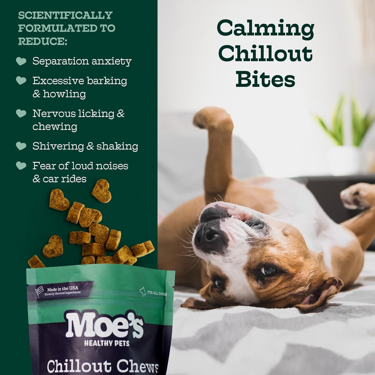 Moe’s Calming Chews for Dogs 90ct – Natural Anxiety Relief with Hemp, Chamomile, and Tryptophan – Calming Dog Treats for Separation, Fireworks, Travel and Storms (Peanut Butter)