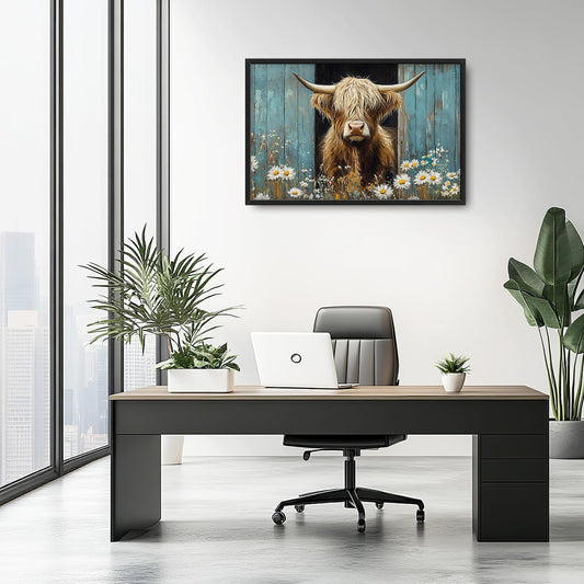 Large Farmhouse Highland Cow Country Wall Art for Living Room, Floral Canvas Oversized Wall Decor, Daisy Flower Animal Framed Pictures Painting Print Artwork for Bedroom Office 36"L x 24"W