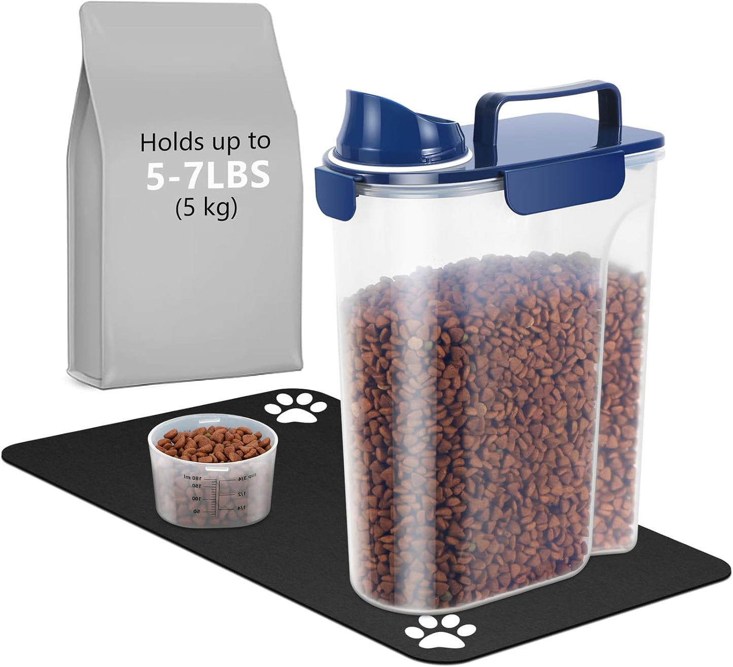 5-7Lbs Portable Airtight Dog Cat Food Container, Match Pet Feeding Mat Clean and Convenient, Making Food Less Messy, Translucent Storage Bin for Small Animal Kibble, Bird Seed, Oatmeal-Blue