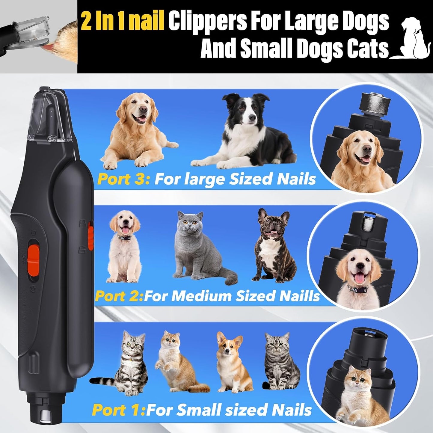 2-in-1 Cat Nail Grinder & Dog Nail Clippers Trimmers for Large Medium Small Dogs Cats Pets Claw Trimmer Quick Sensor and Safety Guard USB Rechargeable with 2 LED Lights