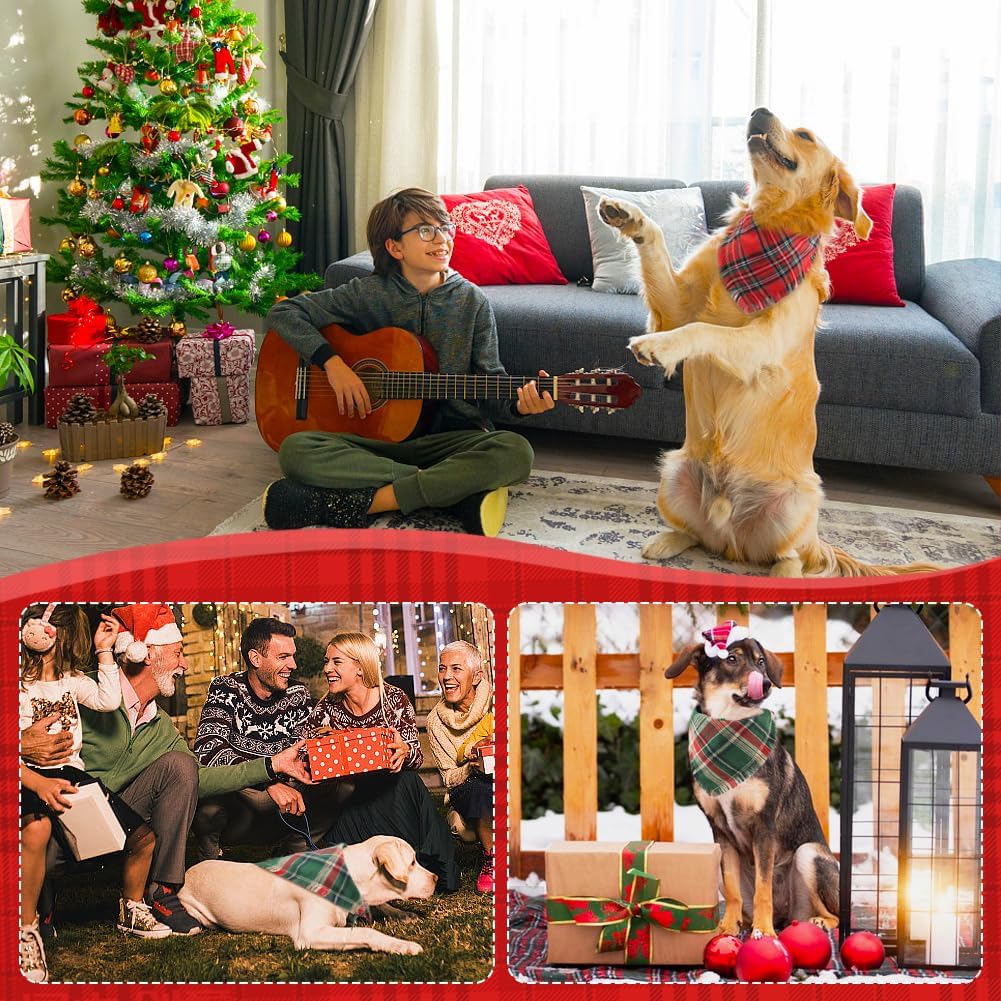 Vivifying Dog Christmas Bandana with Tassels Edges, 2 Pack Classic Plaid Triangle Pet Apparel & Accessories, Funny Holiday Dog Scarf Costume for Photo Prop, and Party Decor (X-Large, Red&Green)