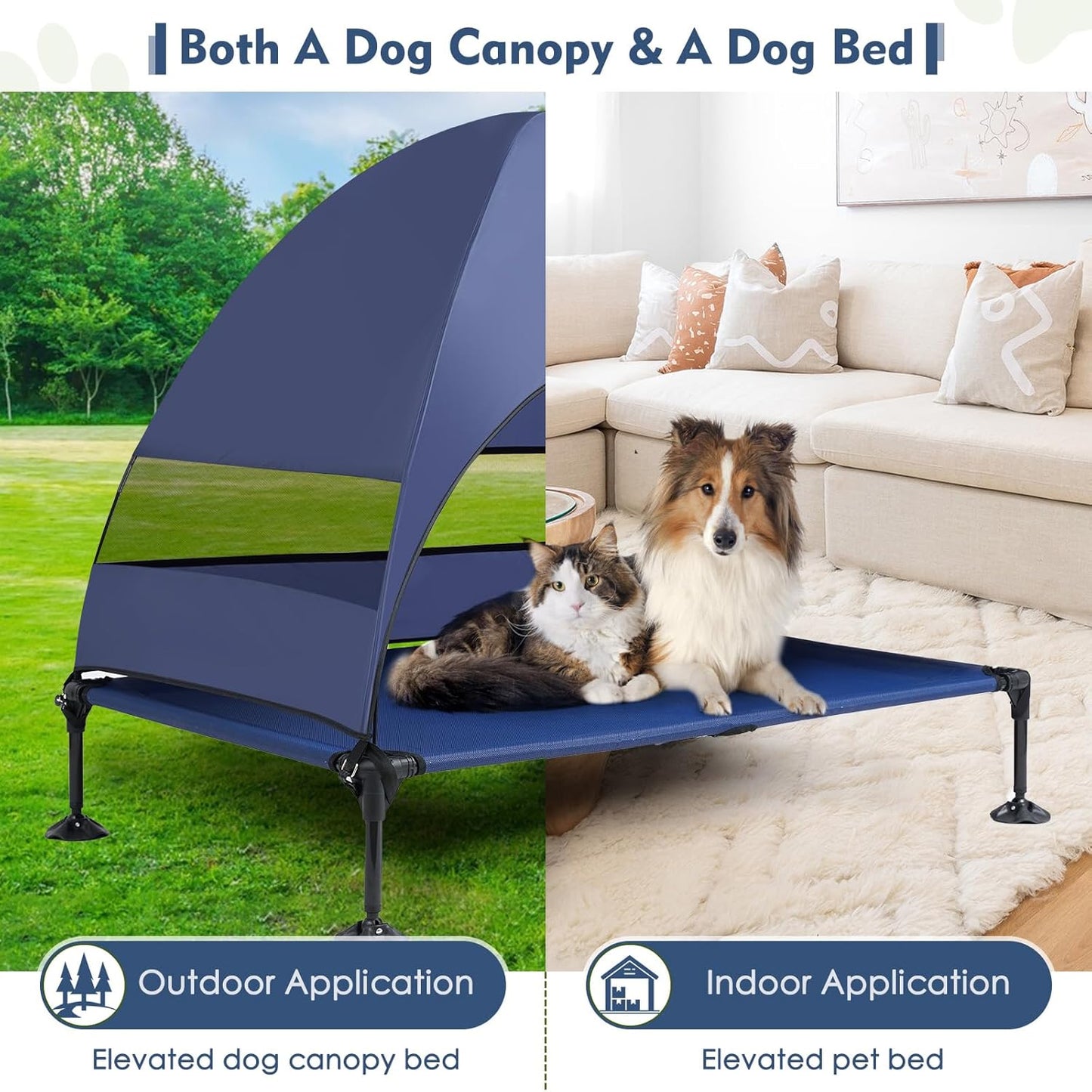 Upgraded Elevated Dog Bed with Canopy, Portable Raised Outdoor Dog Bed with Stable Anti-Slip Feet, Wider Shade Pet Bed Cot, Raised Dog Beds for Large Dogs Camping, Indoor & Outdoor Use