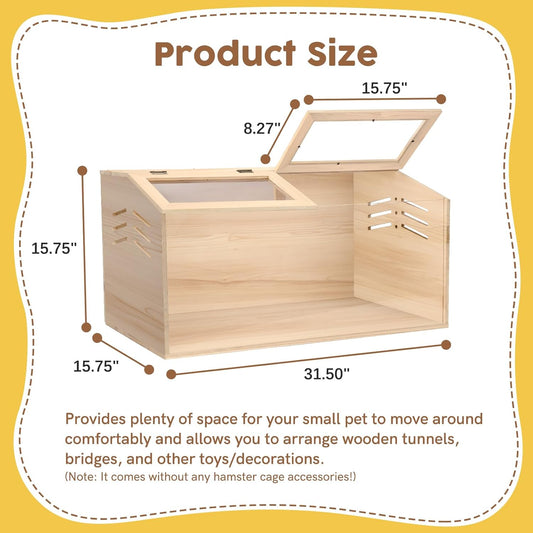 Snowtaros Wooden Hamster Cage, Large Hamster Cages and Habitats Chewproof, with 2 Openable Acrylic Top, Small Animal Cage for Mouse Gerbil Quail Dwarf Syrian Hamsters (31.5" L*15.7" W*15.7" H)