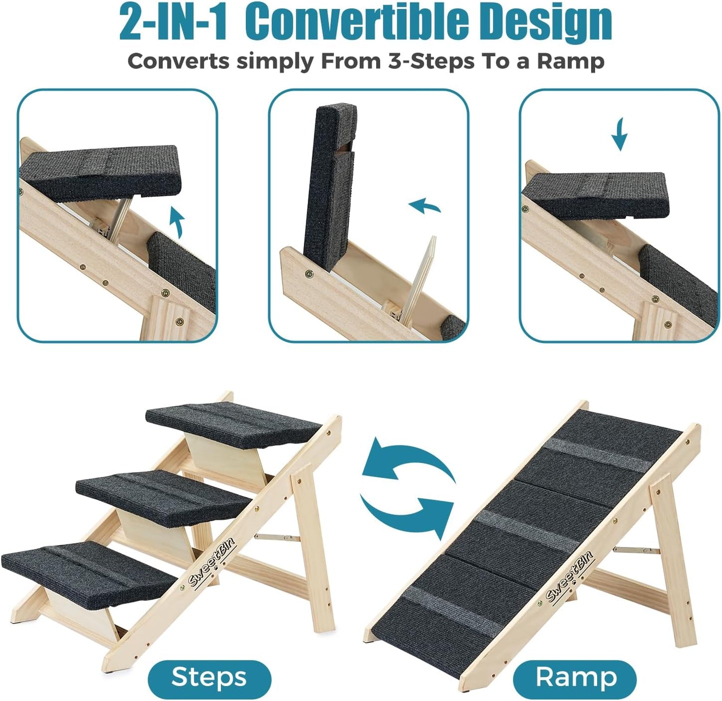 Wood Pet Stairs/Pet Steps for All Dogs and Cats - 2-in-1 Foldable Carpeted 3 Tiers Dog Stairs & Ramp Perfect for Beds and Cars - Portable Dog/Cat Ladder Up to 120 Pounds