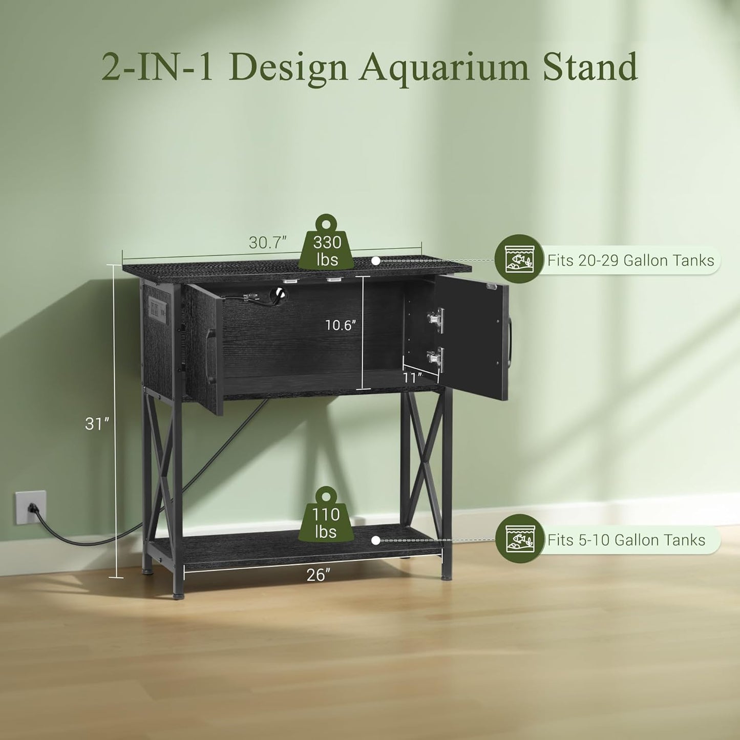 ZENY 20-29 Gallon Fish Tank Stand with Cabinet for Fish Tank Accessories Storage, Metal Double Aquarium Stand, 30.71''L x 12.6''W Tabletop, 330LBS Capacity