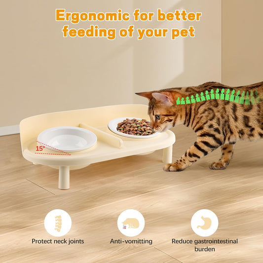 Elevated Cat Bowls, Tilted Rised Cat Food and Water Bowl with 2 Pcs Ceramic Pet Bowls, Rised Stand, Pet Dish Anti Vomiting Feeding Station for All Sized Cats & Small Dogs (Milk Coffee)