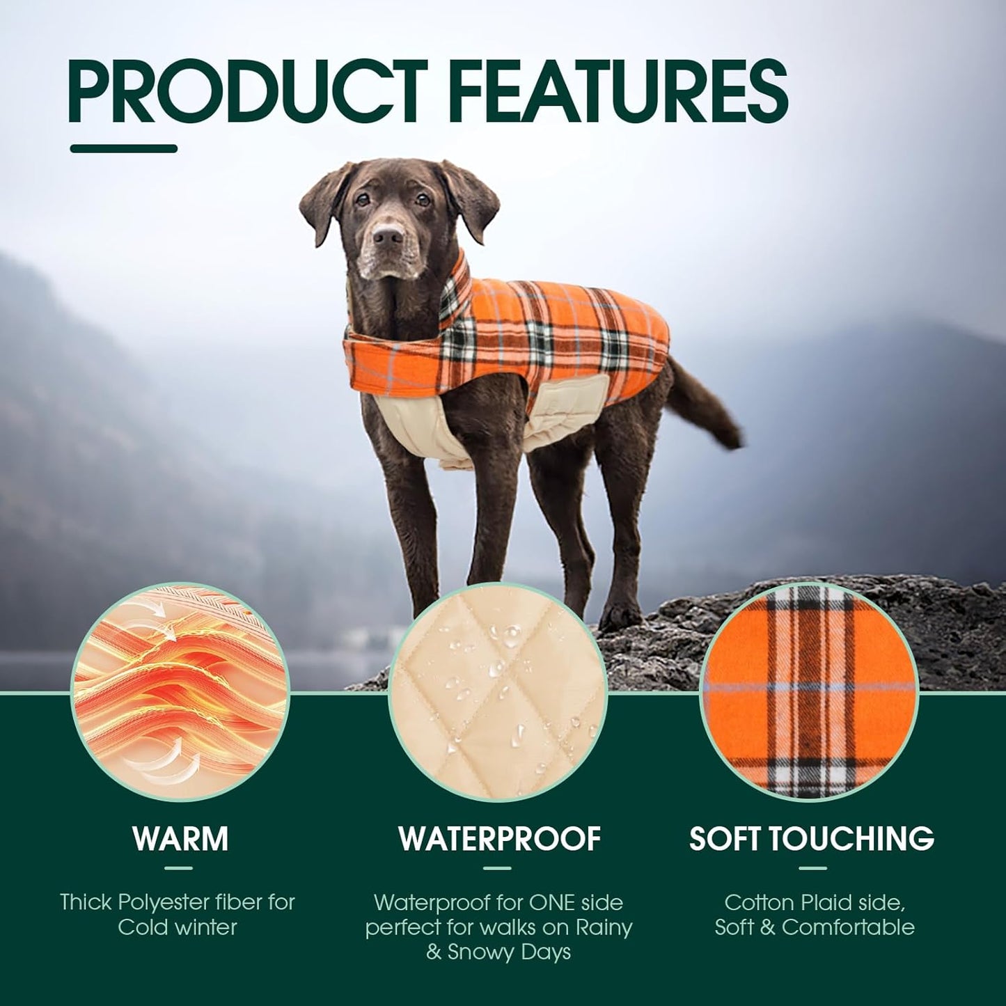 Kuoser Warm Dog Coat, Waterproof Dog Coats for X-Small Dogs, Adjustable Durable Doggie Winter Jacket Reversible Cozy Puppy Cold Weather Apparel from Small to Large Breed, Orange XS