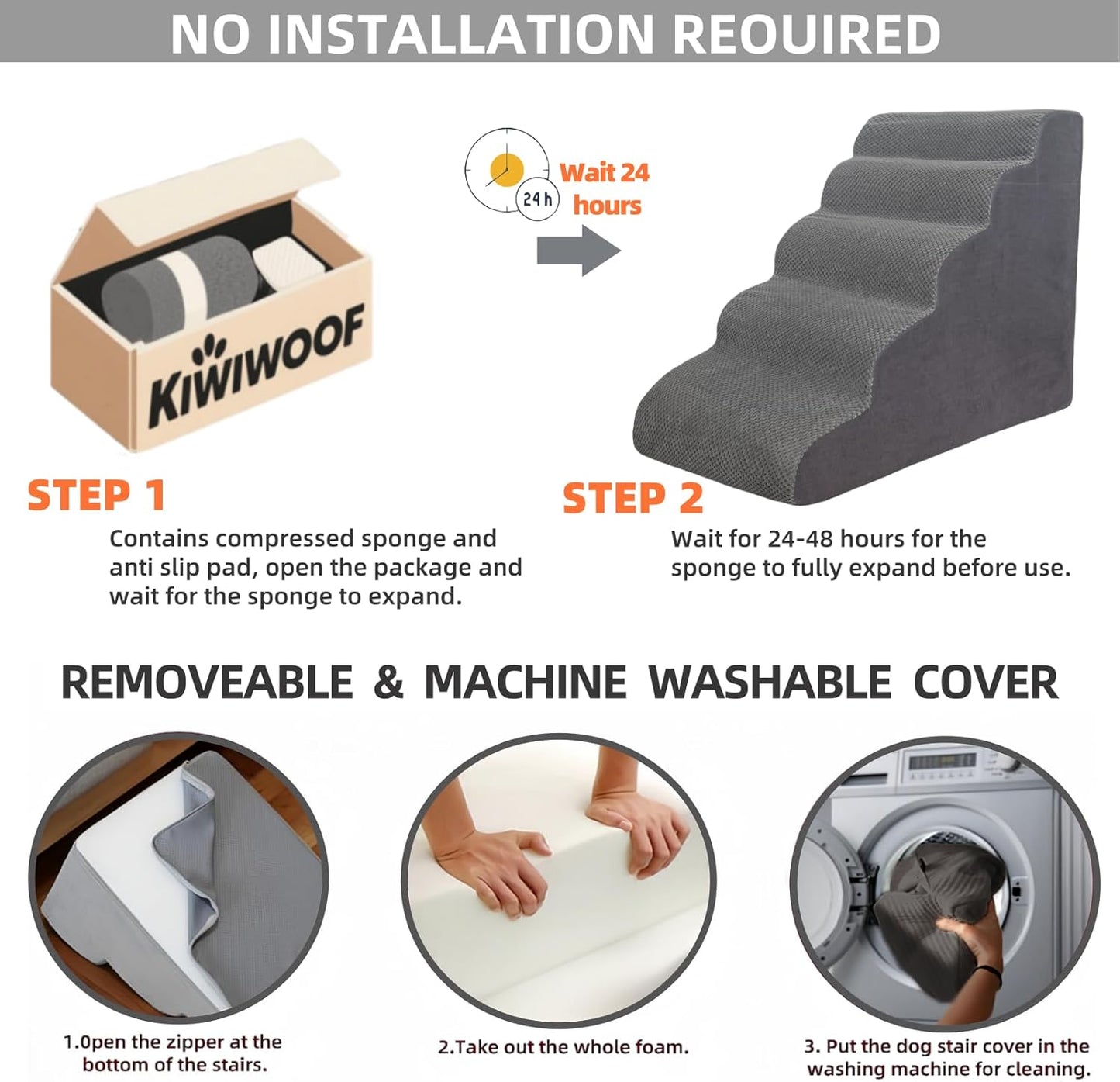 5 Step Pet Stairs Ramp for High Beds Sofas 5-30 Inch with Sturdy Non Slip Waterproof Pads, Machine Washable Cover Indoor Balanced Design for Cats Dogs Small Medium Large XL Pets Grey (Pink, Large, 1)