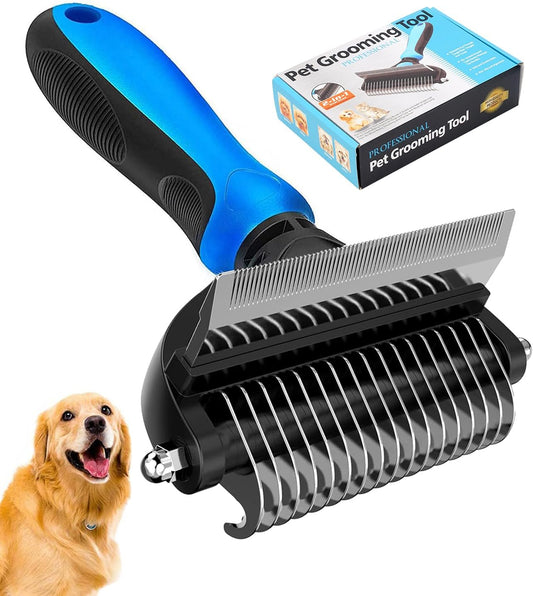 [ 2 in 1 design ] Undercoat Rake and Deshedding Tool for Dogs and Cats - Dematting Comb for Long Hair Pets, Grooming Brush to Clear Mats, Tangles and Reduce Shedding by 95%