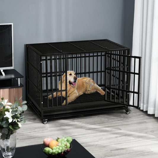 LEMBERI 48/38 inch Heavy Duty Indestructible Dog Crate, Escape Proof Dog Cage Kennel with Lockable Wheels,High Anxiety Double Door Dog Crate,Extra Large Crate Indoor for Large Dog with Removable Tray