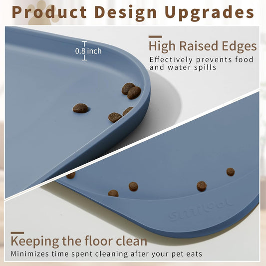 Silicone Pet Feeding Mat with Raised Edge & Residue Collection Pocket for Food and Water, Dog Bowl Mats, Cat Bowls Placemat with High Lip for Floor Waterproof, 22 x 14 x 0.8 Slate Blue