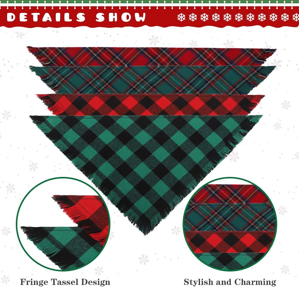 KOOLTAIL Christmas Plaid Dog Bandana 4 Pack - Classic Triangle Scarf Tassels Style Holiday for Dogs Cats Puppy