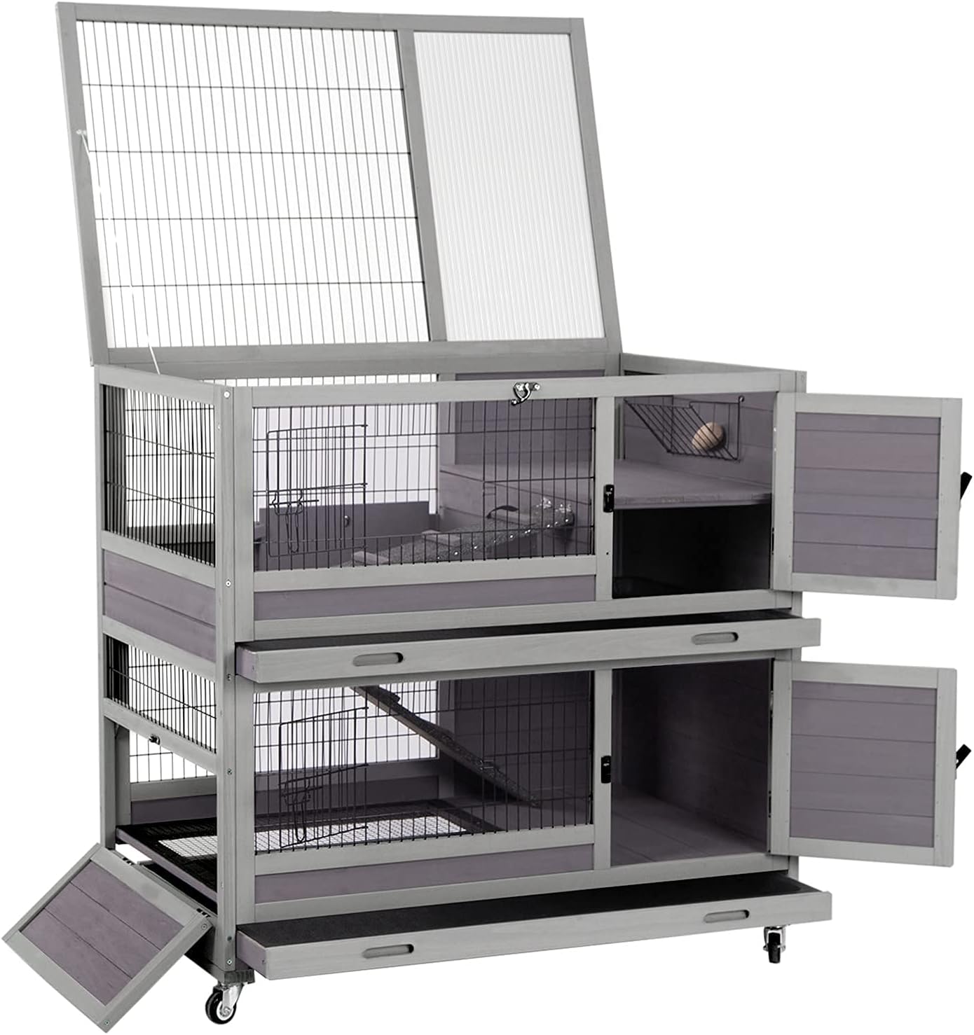 Rabbit Hutch Indoor Outdoor Bunny Hutch Pull Out Tray Guinea Pig Cage with Bottom Wire-Netting, On Wheels (Gery) 39.4" L x 24.6" W x 39" H