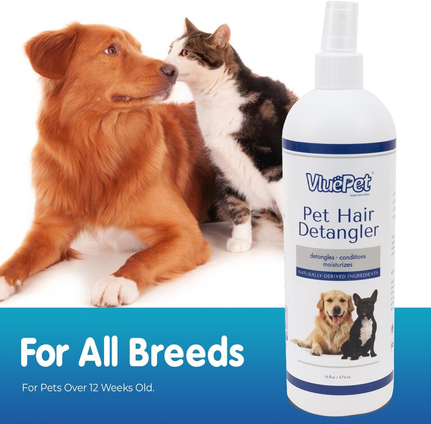VLUEPET | Pet Hair Detangler Spray - Dematting and Conditioner Spray for Dog & Cat - Natural Ingredients, Paraben & Sulfate Free - Tangled & Dyes Remover - Aloe & Oatmeal Scent - Daily Use - 16 fl oz