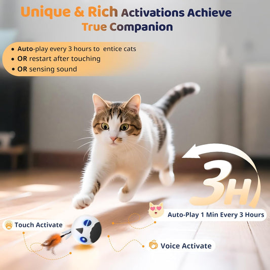 ORSDA Cat Ball Toys, Interactive Cat Toy for Indoor Bored Indoor Cats Kitten Toys, Automatic Electric Bird Moving Ball Toy, 4 Mode Voice & Touch Control Rolling Chirping Stimulating, 2 Feather Tails