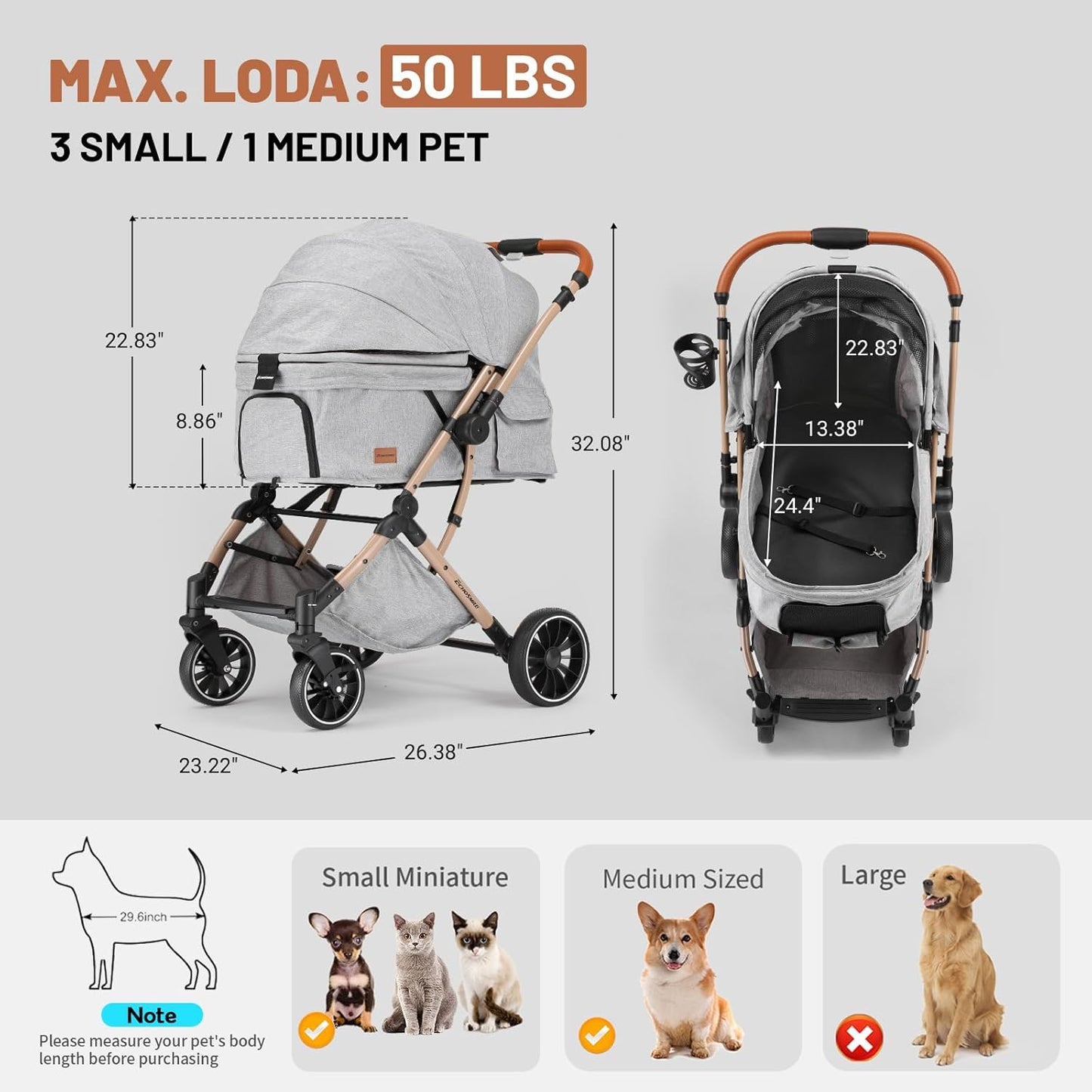 EchoSmile Small Medium Dogs Stroller 4-Wheel Pet Strollers for Medium Dogs Up to 50lbs, One Click Folding Large Cat Stroller, Reversible Handle, Shock Absorbing Wheels, Removable Washable Pad