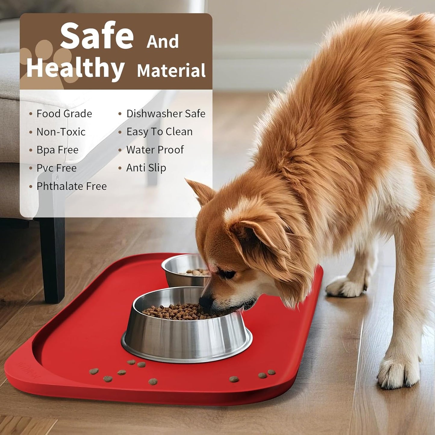 Silicone Pet Feeding Mat with Raised Edge & Residue Collection Pocket for Food and Water, Dog Bowl Mats, Cat Bowls Placemat with High Lip for Floor Waterproof, 19 x 12 x 0.7 Red