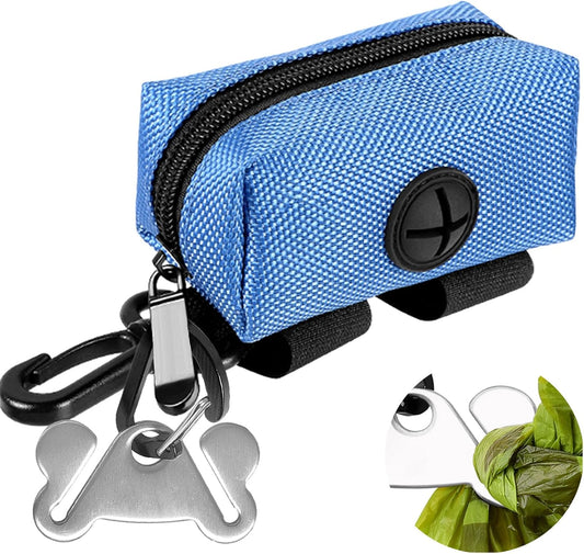 Dog Waste Bag Dispenser Pet Poop Bags Holder for Doggie Waste Bags Dispensers Soft Fabric Zipper Small Doggy Puppy Pouch for Leash Accessory Attachment with Carrier,Blue