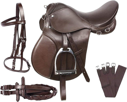 Leather English Riding Horse Saddle Starter Kit Brown Saddle Combo Pack Set of 7 pcs