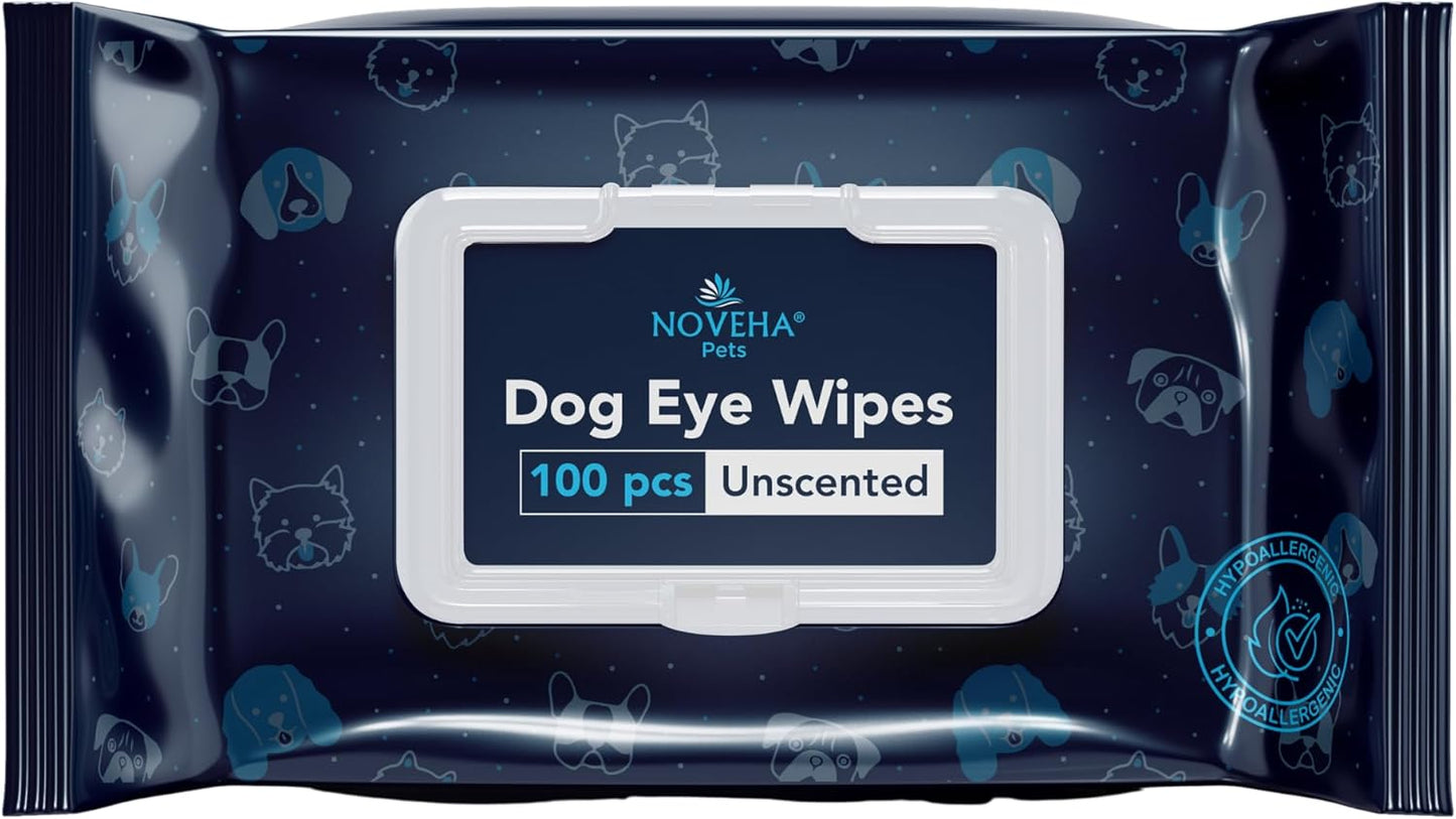 NOVEHA 100PCs Dog Eye Wipes - Tear Stain Remover for Dogs - Formulated with Chamomile and Aloe to Remove Eye Debris, Tear Stains & Eye Discharge - Plant Based, Safe, and Large 5"x5" Unscented Wipes
