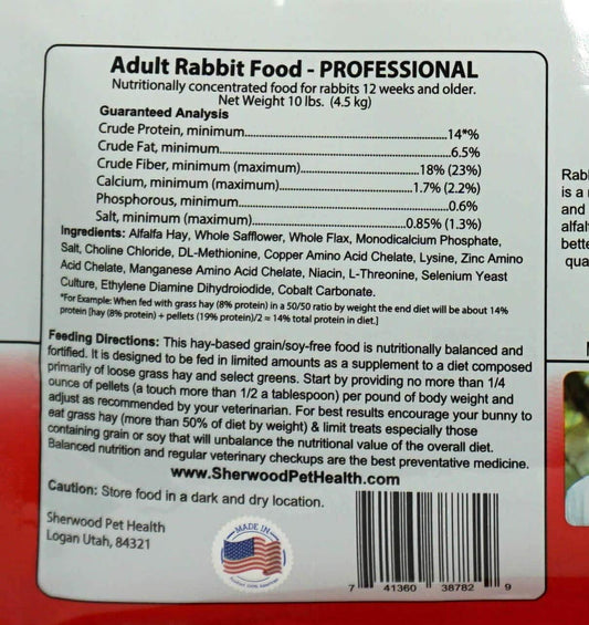 Sherwood Pet Health Adult Rabbit Food Professional 10 lbs, Grain and Soy-Free for Better Digestion