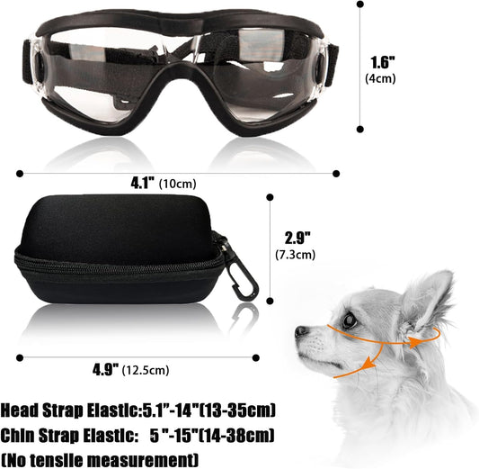 Dog Goggles Small Breed Dog Sunglasses with Adjustable for UV Protection Eyewear Doggy Doggie Puppy Glasses Anti-Fog Wind Dust Snowproof (Black Frame Transparent Lens)