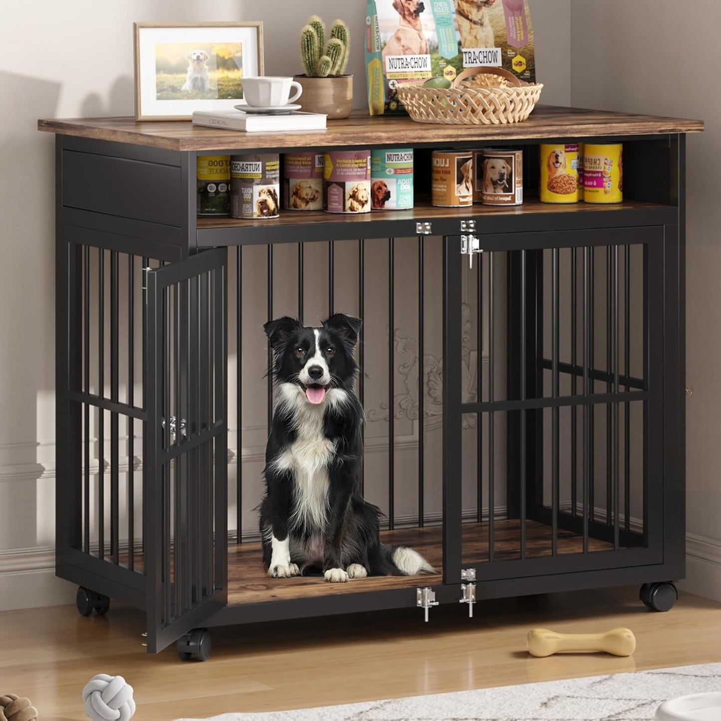 39.4" Dog Crate Furniture for Medium and Large Breed, Dog Kennel Furniture with Storage Shelf & Lockable Wheels, Heavy Duty Wooden End Side Table Pet Cage Indoor, Chew-Resistant, Brown