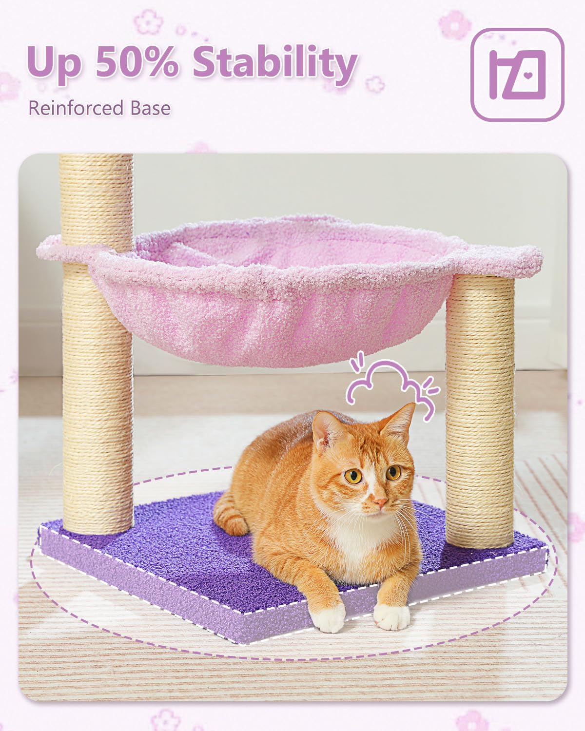 Flower Cat Scratching Post, 28" Cute Cat Tree Tower for Indoor Cats with Large Hammock Soft Perch Bed, Replaceable Toy Ball for Kittens, Purple