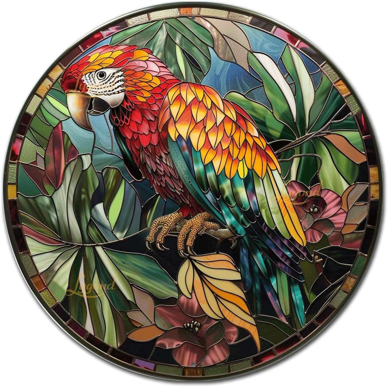 Lygond Metal Sign Tin Sign Circular Stained Glass Parrot Bar Signs for Home Bar for Patio 8×8 Inches