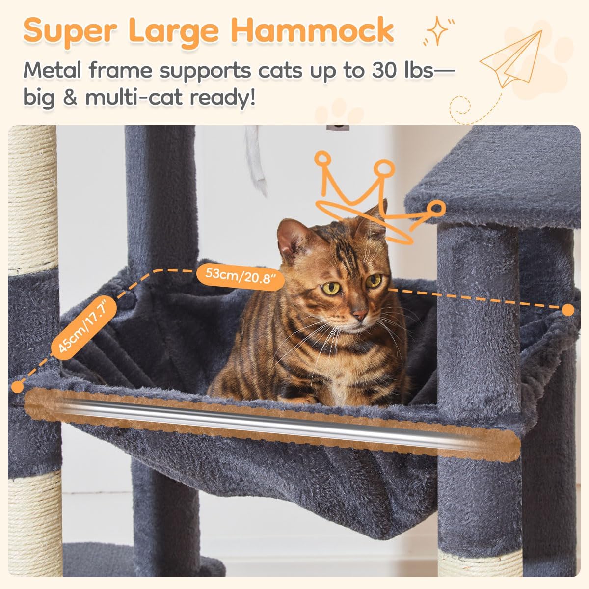 Taoqimiao Heavy Duty Cat Tree for Large Cats 20lbs+, 71 Inches Tall Cat Tower, 2 Cat Condo with 6 Scratching Posts, Super Large Hammcock, Cat Toys, Cozy Basket, Smoky Gray, MS037G