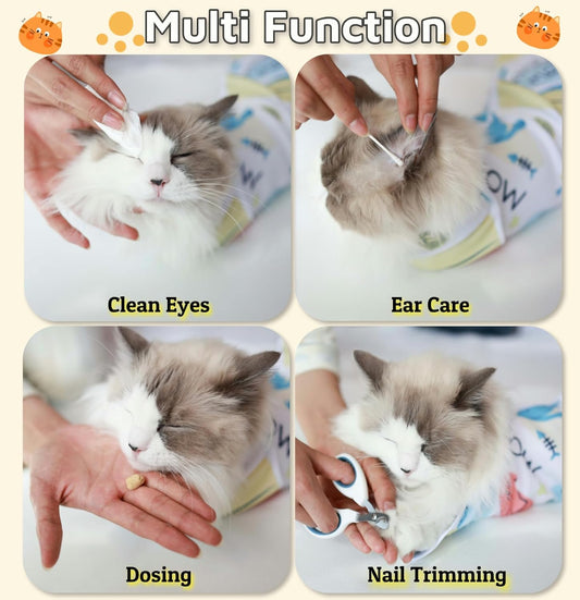 Cat Wrap for Grooming-Premium Cat Grooming Wrap Cat Restraint for Nail Clipping, Self-Adherent Soft Cat Blanket to Wrap Cat Anti-Scratch Anti-Escape Grooming Bag (White, L(Within 9lbs))