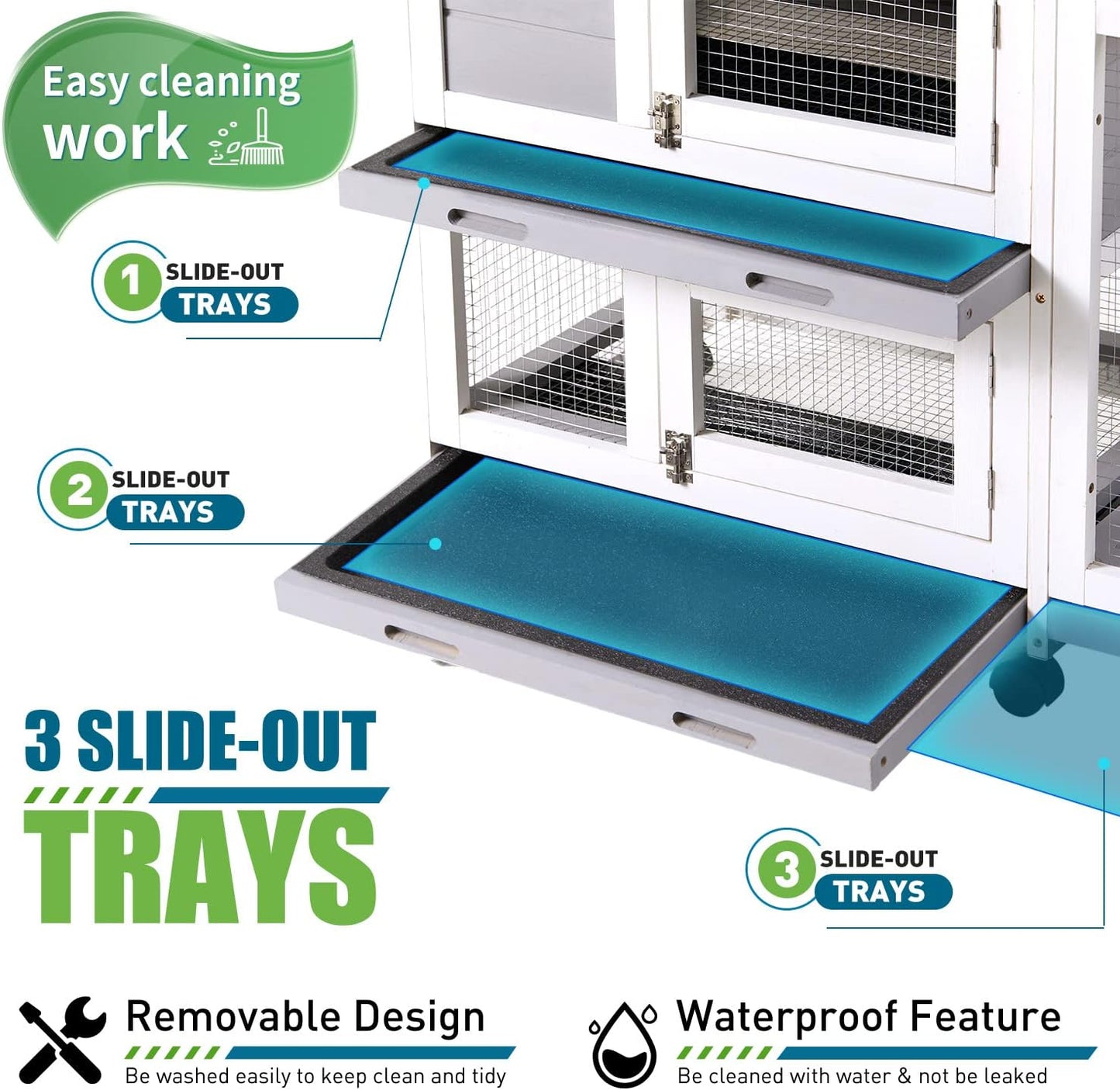 Rabbit Hutch, Indoor Cage Outdoor Two Story Bunny with Asphalt Roof Guinea Pig with Removable No Leaking Tray, Ramp, Pet House for Small Animals