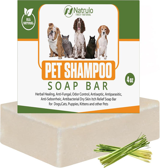 Natrulo All Natural Pet Shampoo Soap Bar for Dogs, Cats, Puppies – Herbal Healing Dry Skin Itch Relief, Odor Control Bar Soap for Pets – Gentle, Plant-Based, Easy-to-Use Pet Soap Bar Made in USA