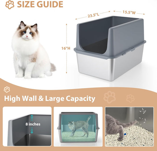 Large Stainless Steel Litter Box with Lid, High Sides, 16" Metal Cat Litter Box, Extra Large Litter Boxes for Big Cats, Tall Cat Litter Pan, Grey, Easy Clean