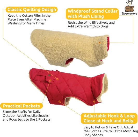 Queenmore Warm Dog Coat, Cold Weather Puffer Jacket with Ultra Thick Plush Lining and Storage Pockets (Red, Medium)