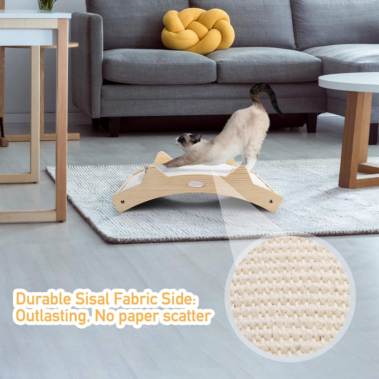 Double-Sided Cat Scratcher With Natural Sisal + Carpet Cloth, Durable Solid Wooden Structure Scratch Pad for Indoor Cats, Scratcher Lounge, 16.5 x 10.8in