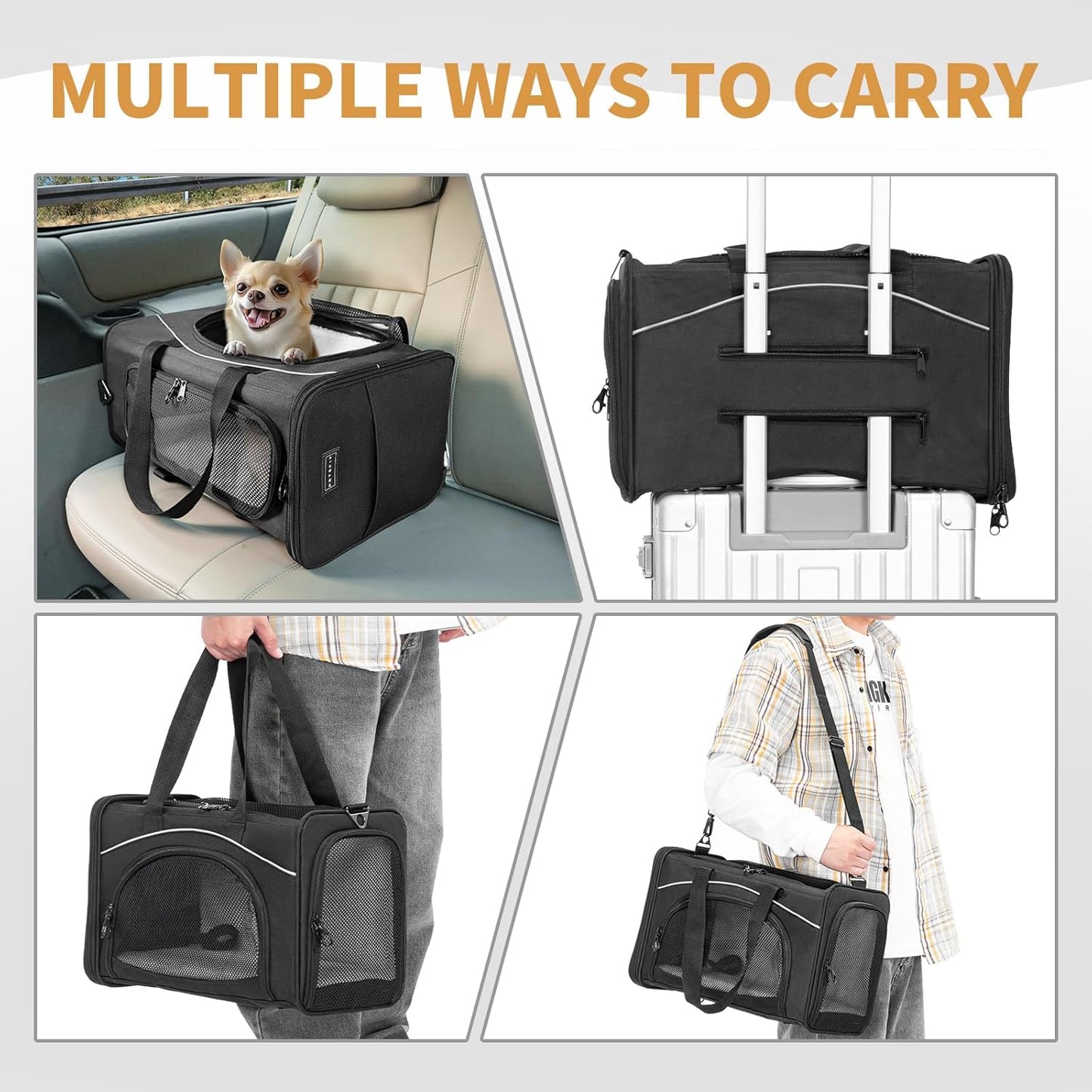 ‌Petsfit Airline Approved Pet Carrier for Small Dogs & Cats, 19x9x12 TSA Approved Carrier, with Removable Dual-Sided Padding (2-Way Placement) - Fits Under Most Airplane Seats, Escape Proof (Black)