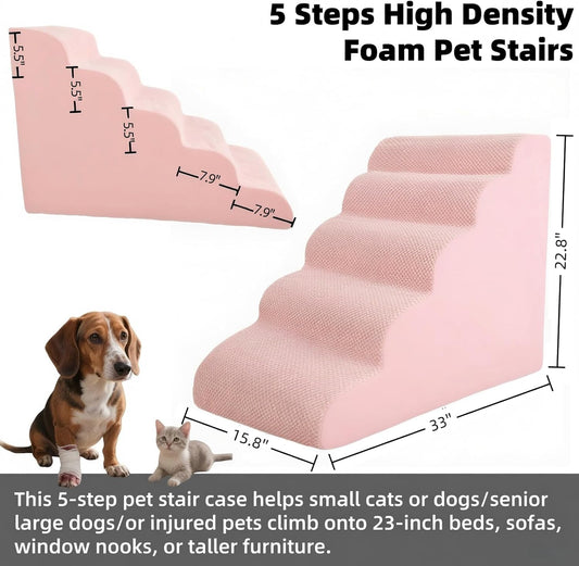 5 Step Pet Stairs Ramp for High Beds Sofas 5-30 Inch with Sturdy Non Slip Waterproof Pads, Machine Washable Cover Indoor Balanced Design for Cats Dogs Small Medium Large XL Pets Grey (Pink, Large, 1)