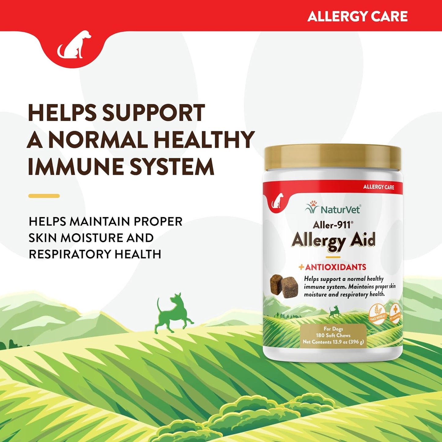 NaturVet Aller-911 Advanced Allergy Aid for Dogs, Cats – Antioxidant-Rich Pet Supplement with Omegas, DHA, EPA – Helps Support Dog Immune System, Cat Respiratory Health, Skin Moisture 180 Soft Chews