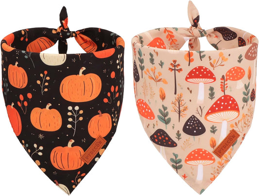 PTDECOR Fall Dog Bandana, Pumpkin Mushroom Design Scarf Reversible Holiday Dog Scarf, Triangle Thanksgiving Bandanas for Small Dogs Puppies Cats (Small)