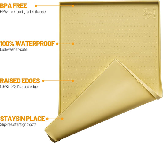 Hubulk Dog Feeding Mat,100% Waterproof Food Grade Silicone Pet Food and Water Bowl Placemat,Dishwasher, High Raised Edge to Prevent Spills,Nonslip Tray to Stop Messes on Floor（28"x18"x0.8", Yellow）