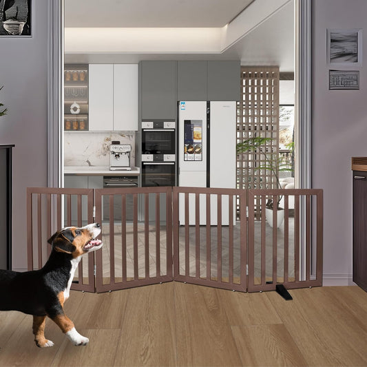 ZJSF Freestanding Indoor Dog Gate for House Foldable Wood Puppy Gate for Doorways Pet Gate for Stairs Extra Wide Pet Fence, Brown, 24" Height 4 Panels