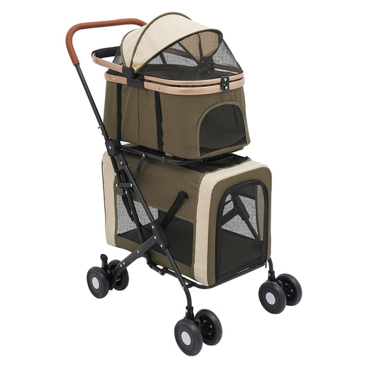 2-Layers Pet Stroller for 2 Cats/Dogs,Foldable Lightweight 77lbs Capacity Carrier, 4 Wheels, Removable Basket & Storage Pocket,for Small Pets (Green)