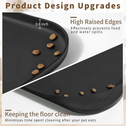 Silicone Pet Feeding Mat with Raised Edge & Residue Collection Pocket for Food and Water, Dog Bowl Mats, Cat Bowls Placemat with High Lip for Floor Waterproof, 24 x 16 x 0.8 Black