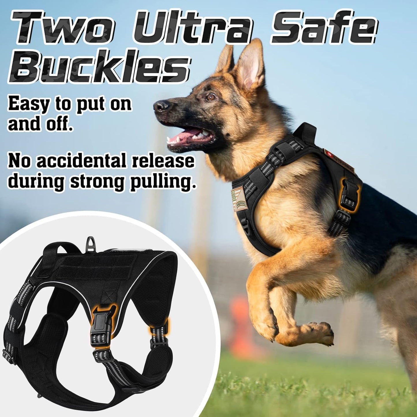rabbitgoo Tactical Dog Harness for Large Dogs, No Pull Military Service Vest with Handle & Molle, Easy Control for Training Walking, Adjustable Reflective Straps, Black, L