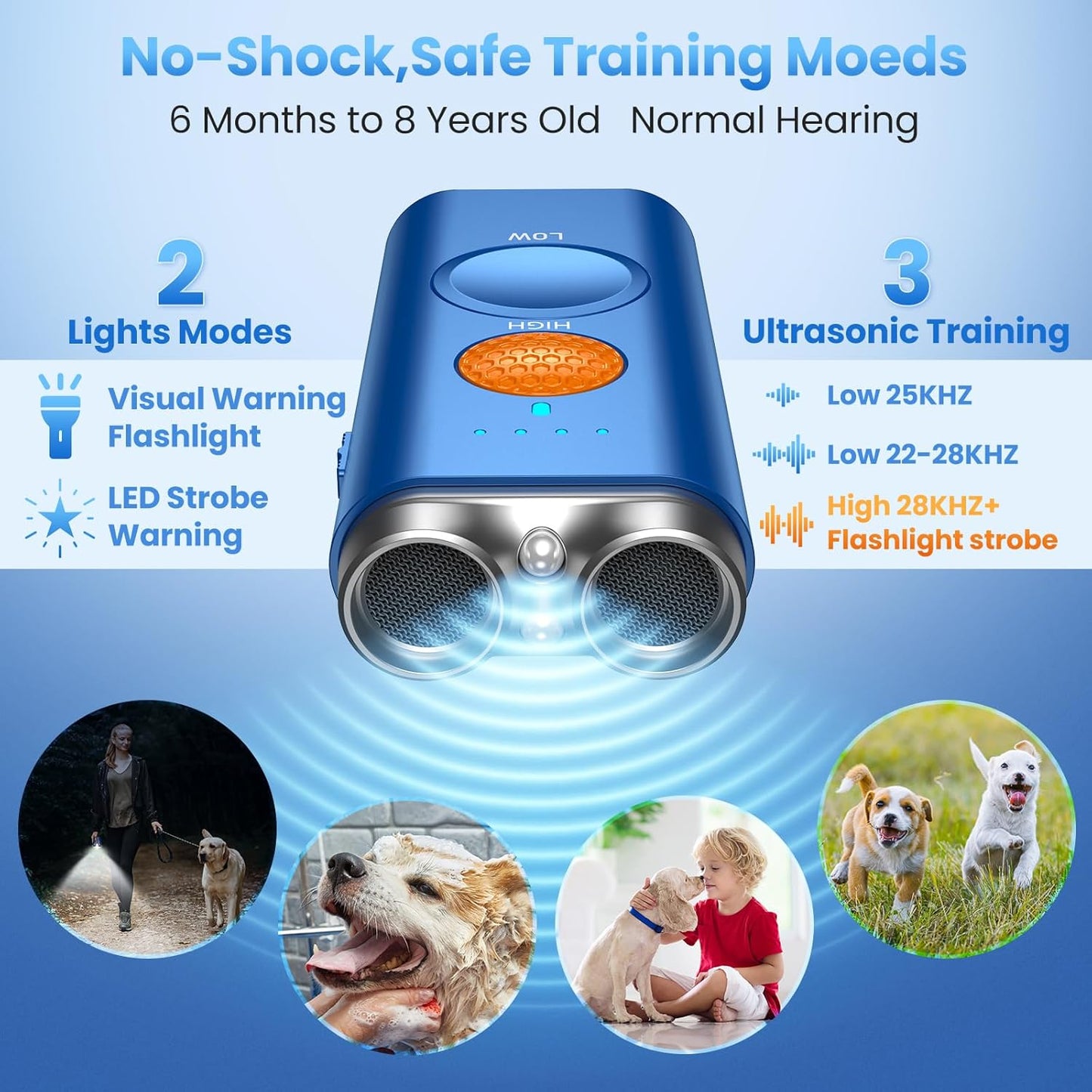 Dog Bark Deterrent Device, 3-in-1 Anti Barking Device for Dogs Barks No More Ultrasonic Dog Training 50ft Rechargeable Portable 2X Power Emitters for Behavior Correction Safe & Effective for All Dogs